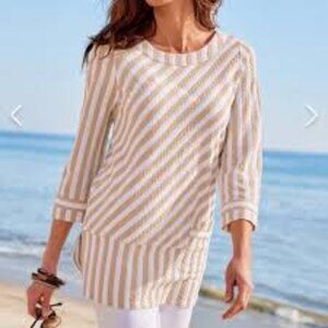 Soft Surroundings Womens Beige White Stripe Glorieta Tunic Crew Neck Size Large